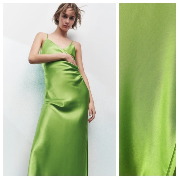 NWT. Zara Green Draped Lingerie-Style Flowy Mini Dress. Size S. - Picture 4 of 14